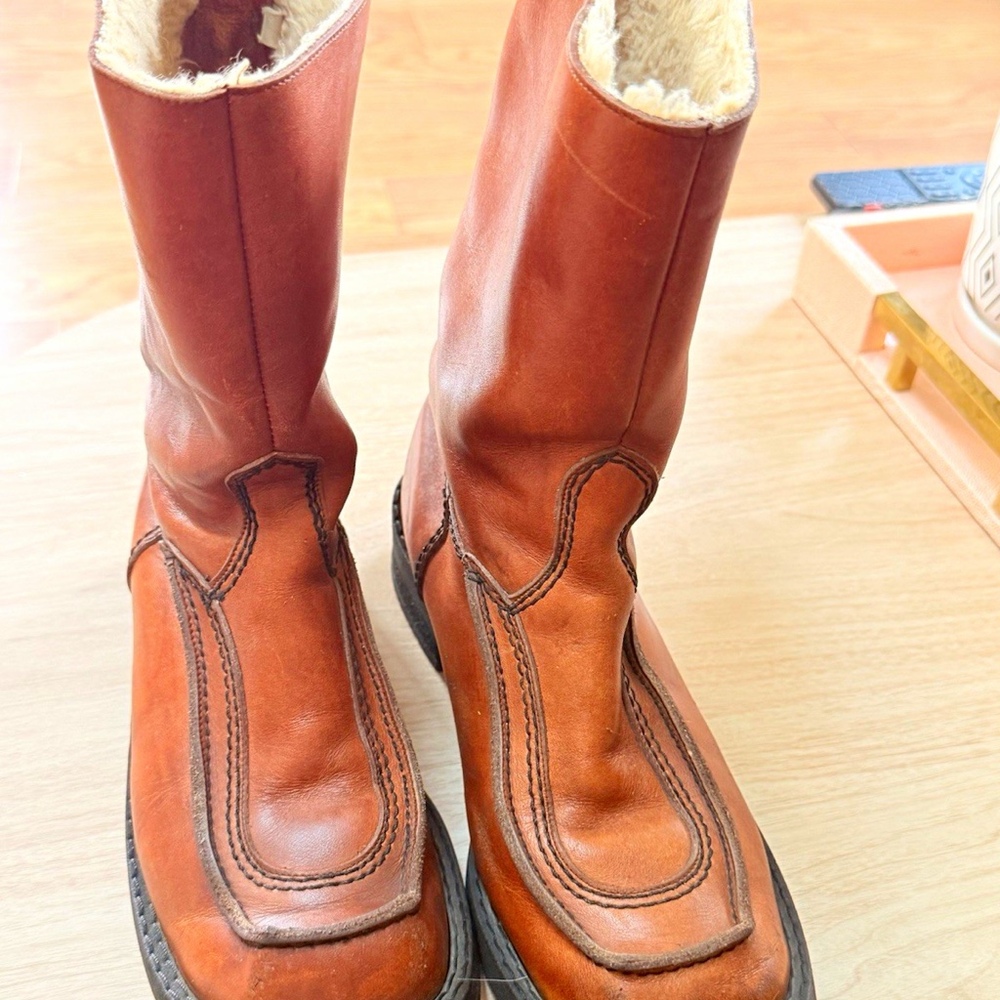 Women's Brown Leather Faux Fur Lined Mid-Calf Slip-On Boots EU 36.5